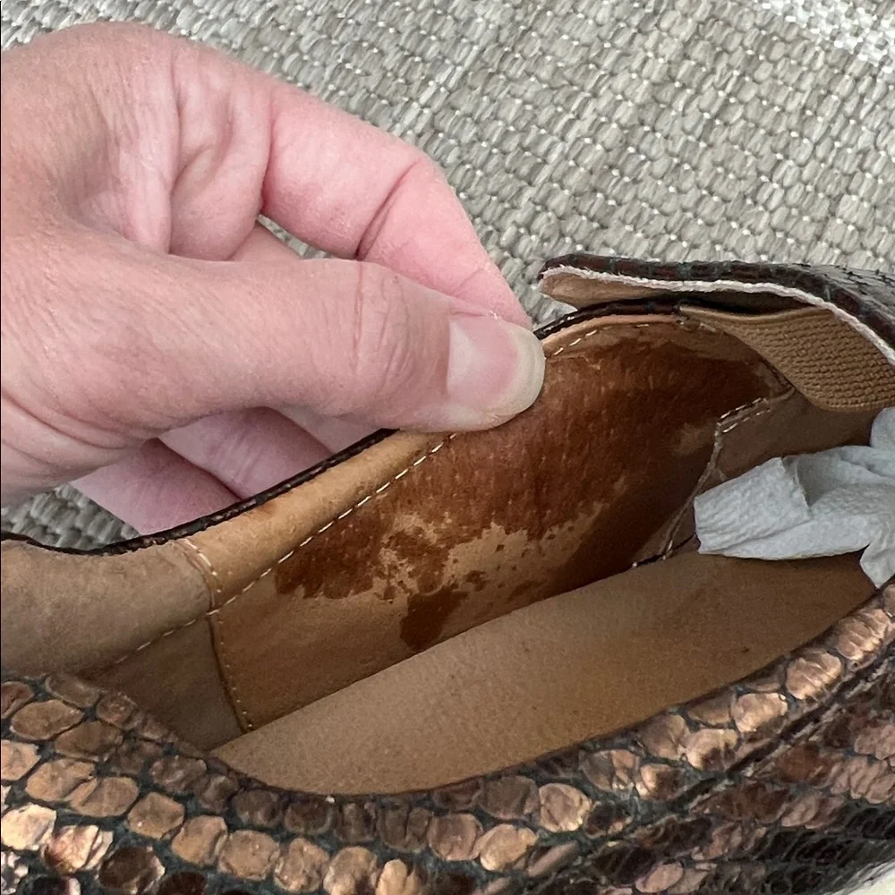 J/Slides Bronze Metallic Embossed Snake Print Slide on Platform Sneakers 7.5